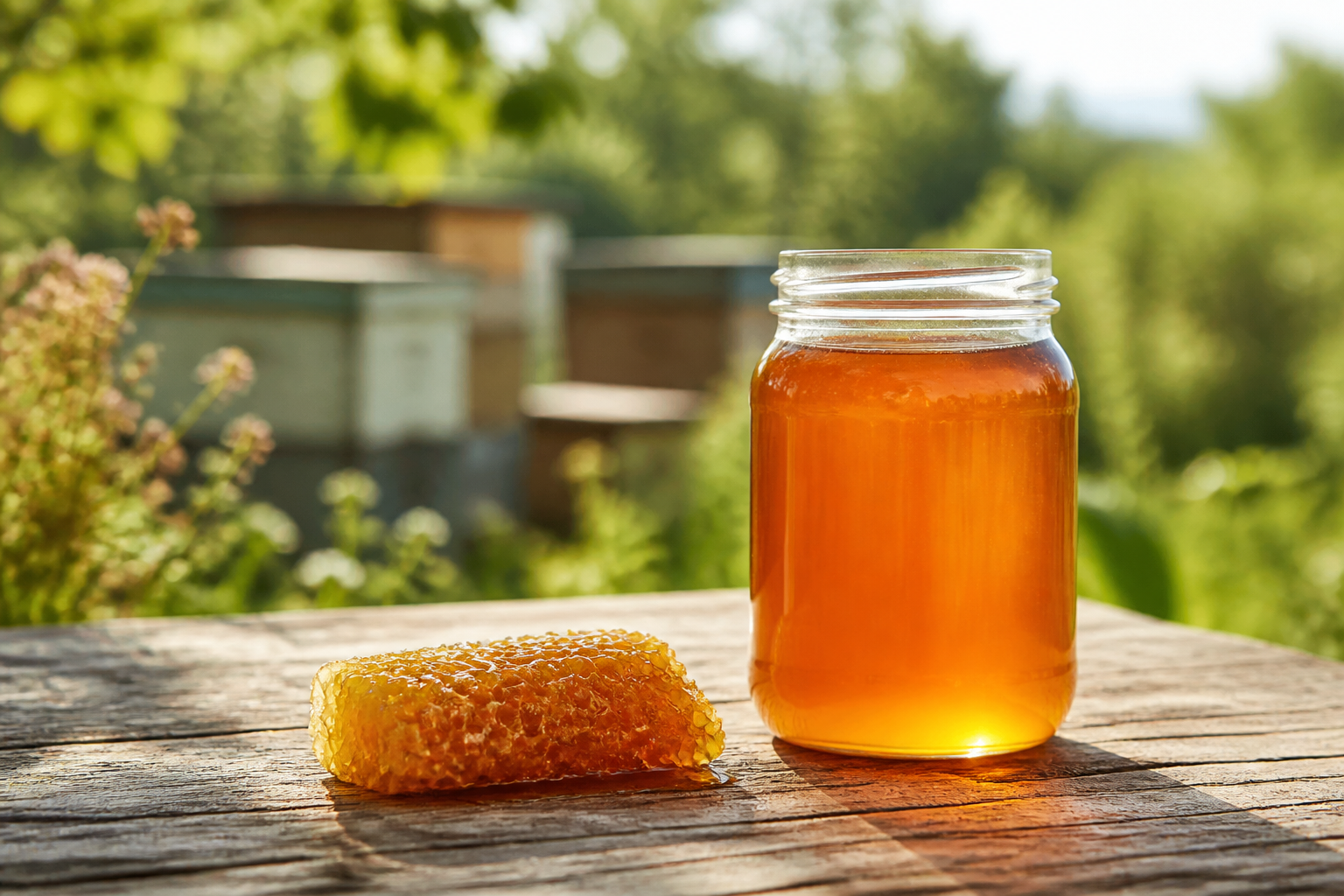 Representative unlabeled jar of honey beside honeycomb in an apiary