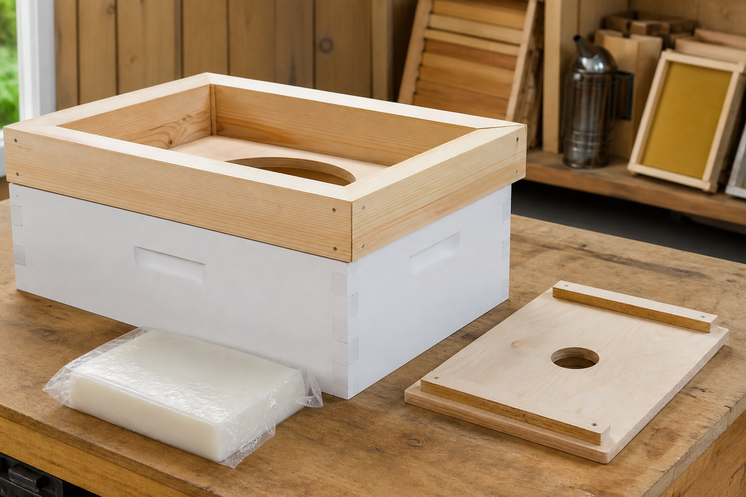 Representative winter feed rim and candy-board setup on a hive