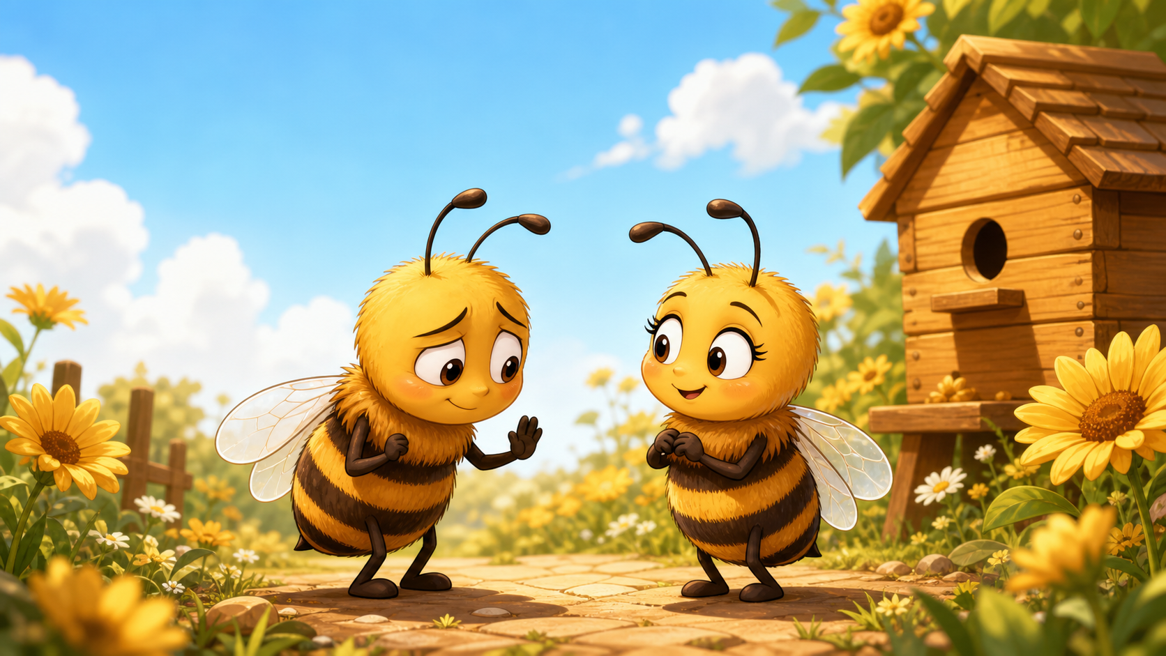 Two friendly cartoon bees in a sunny bee yard beside a hive.