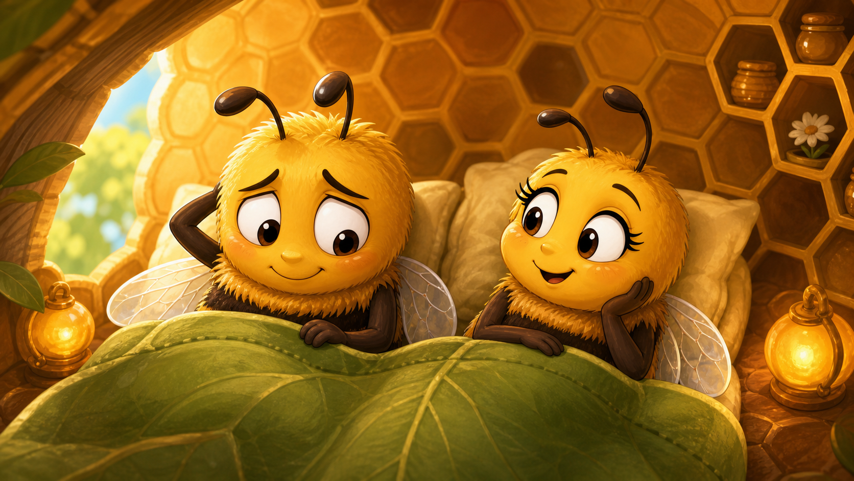 Two cartoon bees in a cozy honeycomb bedroom, with one embarrassed drone bee under a leaf blanket.