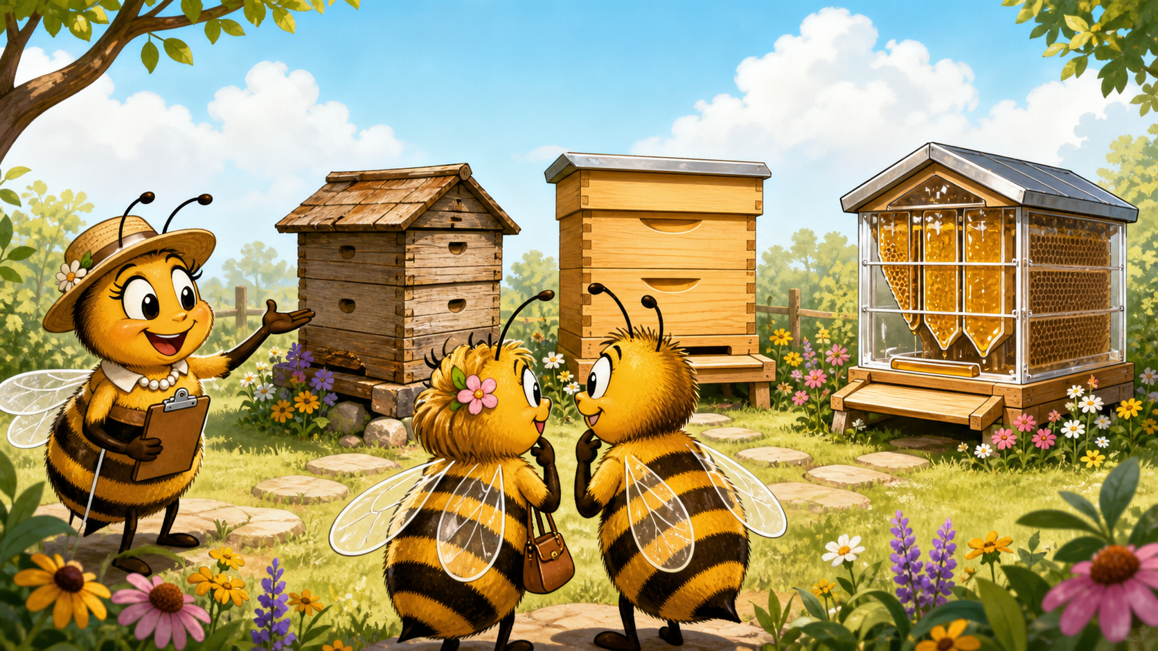 A bee realtor showing a bee couple three different hive options in a sunny yard.